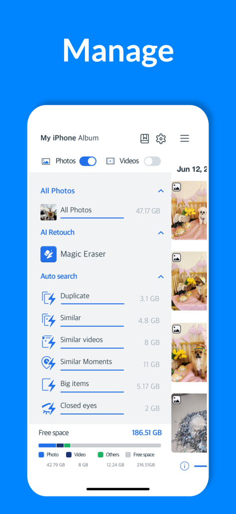 Cleansmith: Photo Cleaner - Interface do aplicativo Cleansmith mostrando categorias de limpeza de fotos como duplicatas e itens semelhantes, juntamente com o status do armazenamento.