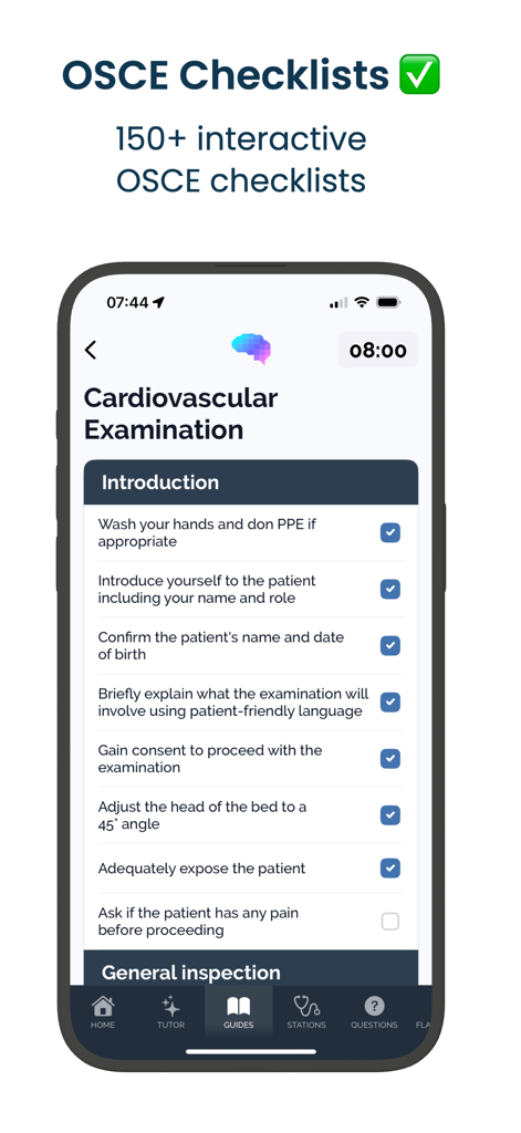 Interactive checklist for cardiovascular examination in the Geeky Medics OSCE revision app