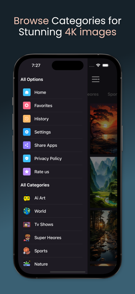 Wallpics - Live Wallpaper,Zed - Interfaz de la aplicación Wallpics mostrando categorías de fondos de pantalla como Arte de IA y Naturaleza en una pantalla de iPhone.