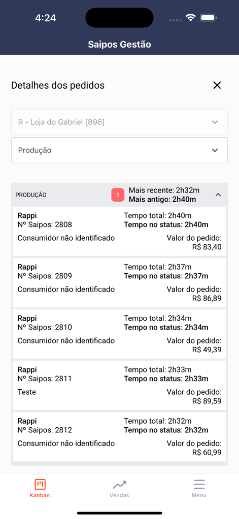 Saipos Gestão - Saipos Gestao App-Bildschirm mit einer Liste aktiver Restaurantbestellungen mit Produktionsstatus und Lieferzeiten