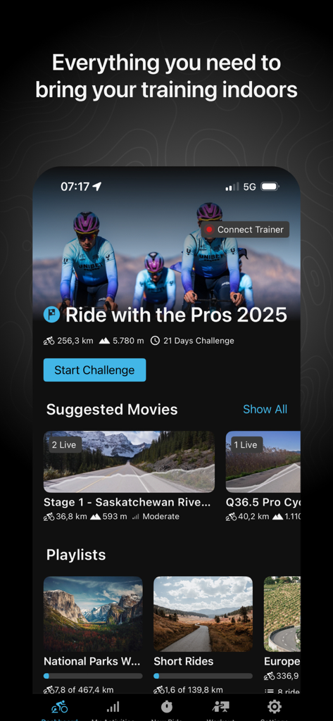Tacx Training™ - Tacx Training app dashboard displaying virtual cycling challenges and scenic ride playlists