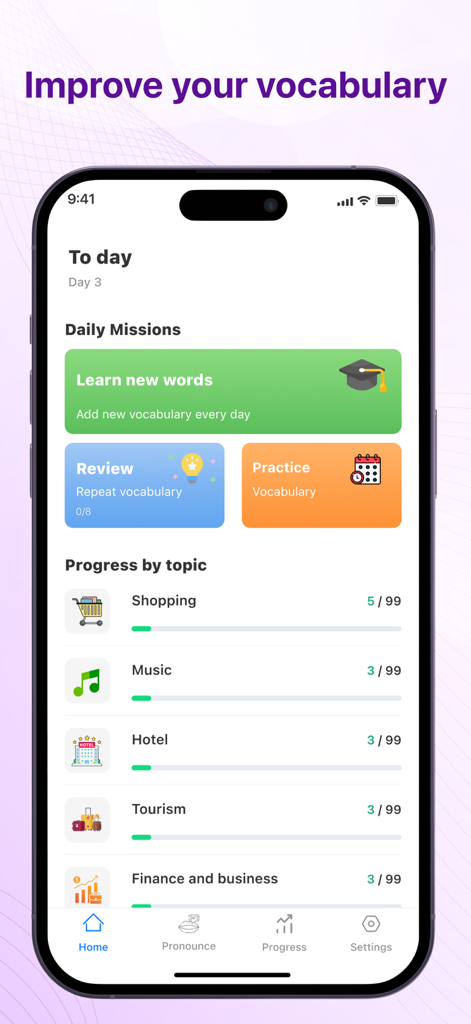 Learn English - 8 words a day - English learning app dashboard showing daily missions and vocabulary progress by topic.