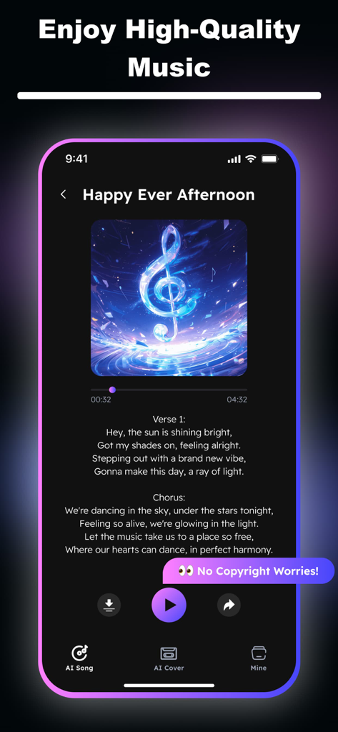 Music Maker: AI Song Generator - Interfaz del reproductor de música de la aplicación Generador de Canciones IA mostrando letras generadas y una etiqueta de sin derechos de autor.