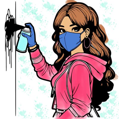 realistic girl with mask spray painting a wall