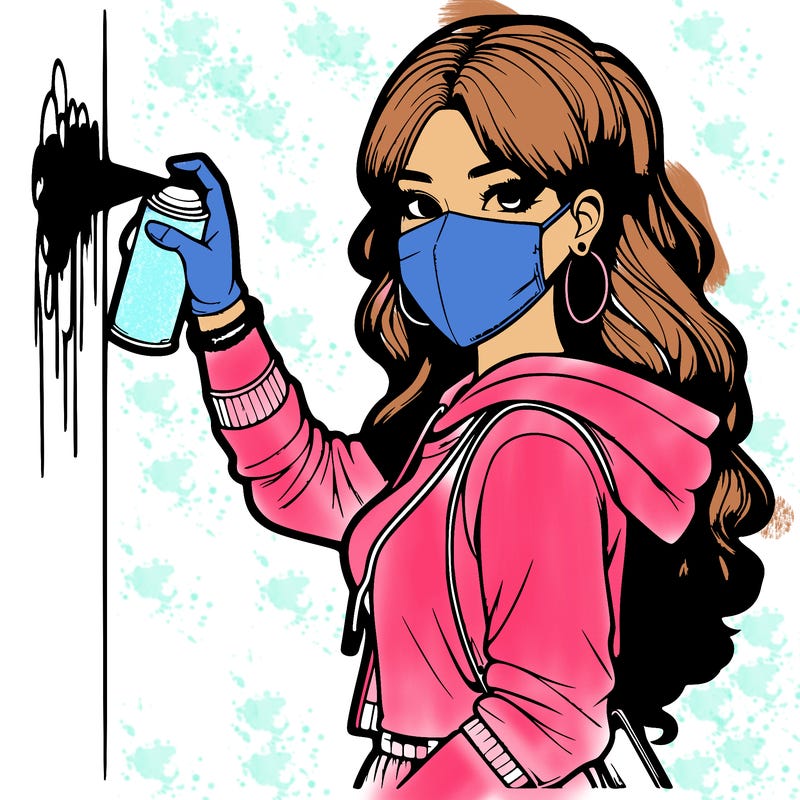 realistic girl with mask spray painting a wall