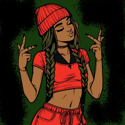 realistic teenage girl with braids and a beanie and crop top doing 🫶🏼