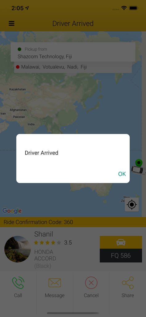 Interface of the FIJI CABS app displaying a driver arrival notification with a map and driver information