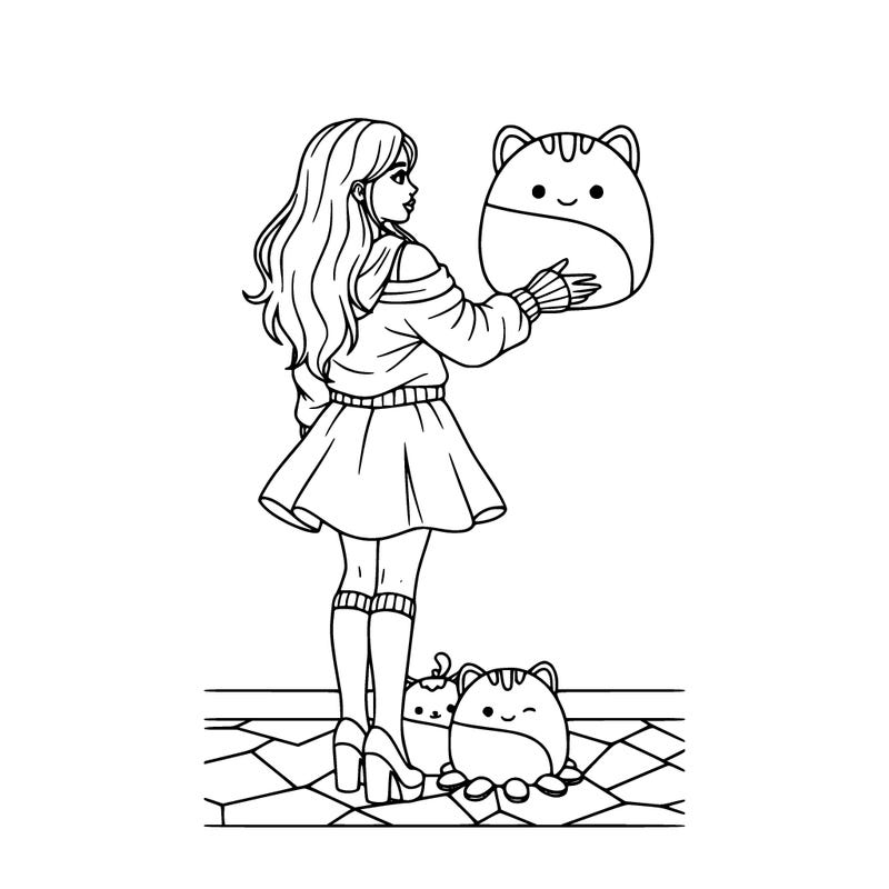 three squishmallows and a girl holding one with arm warmers and leg warmers and a skirt with a off the shoulder hoodie and heels