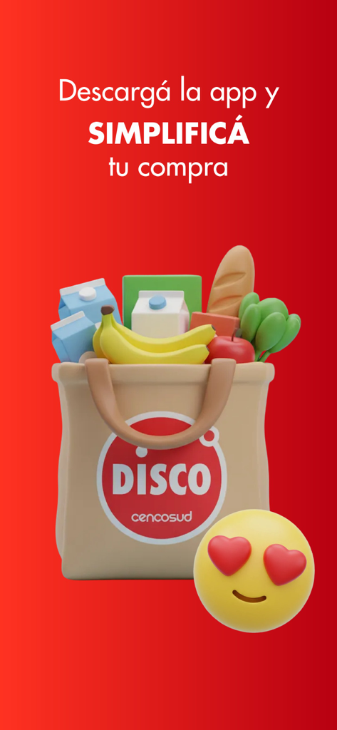 Promotional screen of the Disco Argentina app featuring a grocery bag filled with food and the slogan simplify your purchase