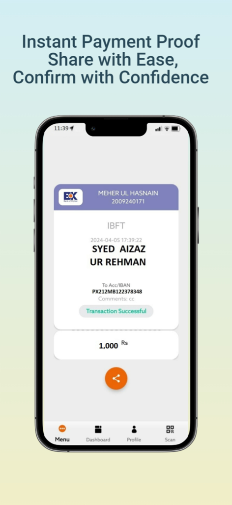 BOK Digital - Captura de pantalla de la aplicación BOK Digital que muestra un comprobante de transacción IBFT exitosa por 1000 rupias.