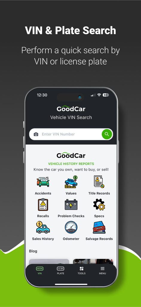 GOODCAR: Vehicle History Check - GoodCar app interface showing VIN and license plate search with vehicle history report options