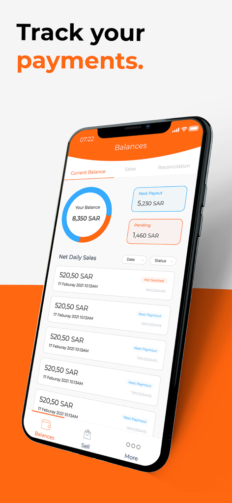 Geidea SoftPOS - Smartphone screen showing the Geidea SoftPOS app balances dashboard with daily sales tracking and payout information