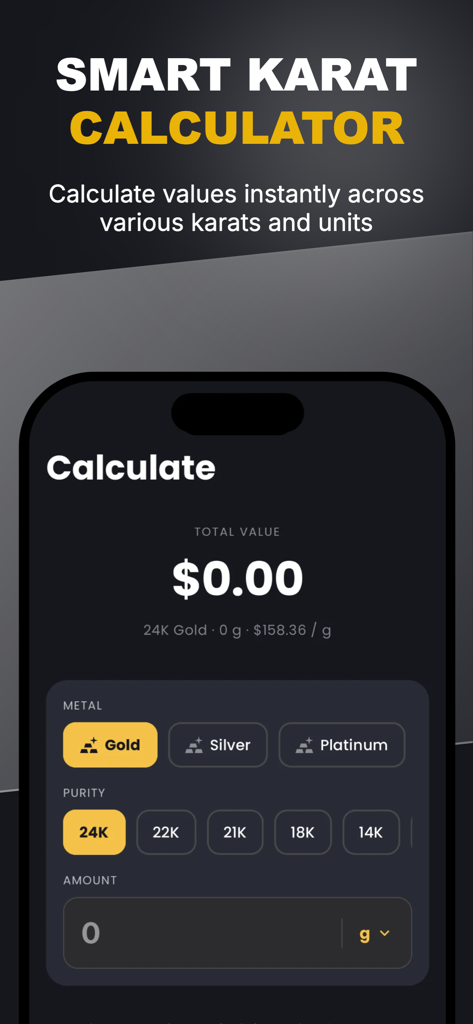 Gold Price Tracker: MetalFolio - Interface of the smart karat calculator in the MetalFolio app showing gold silver and platinum options with purity selection