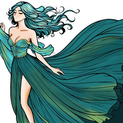 realistic woman in dress flowing the the wind