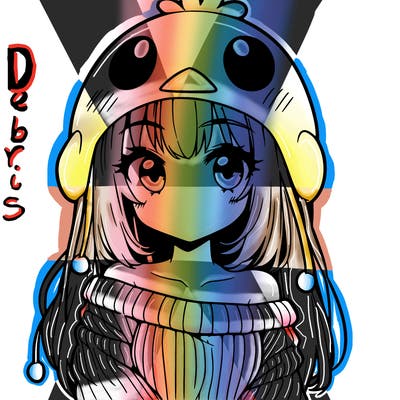 anime girl with chick shaped hat with sweater with bare shoulders with bangs covering them one eye with low tail