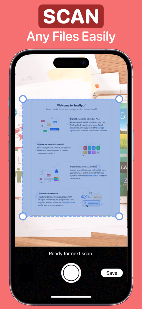PDF Editor : Document Reader - iPhone screen showing the document scanning interface of the PDF Editor app