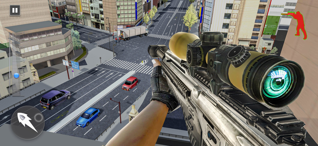 Sniper FPS: Gun Shooting Games - First person view of a sniper rifle scope overlooking an urban city street.