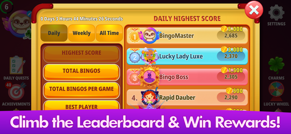 Una pantalla de juego móvil que muestra la tabla de clasificación de la puntuación más alta diaria para Bingo Clásico con clasificaciones de jugadores y recompensas de monedas