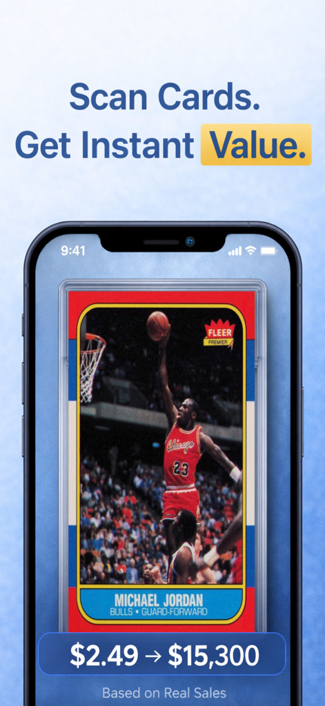 Sports Card Scanner Pro - Sports card scanner app displaying a Michael Jordan basketball card with market value.