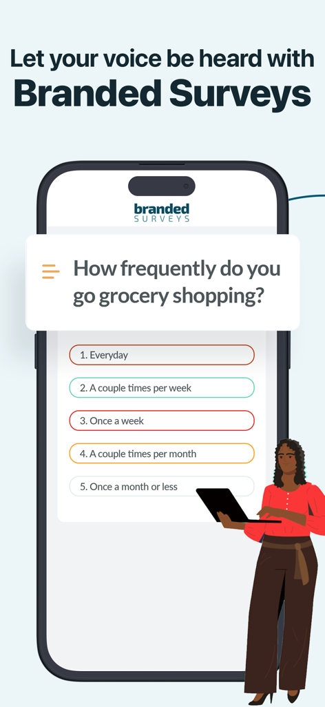 Branded Surveysアプリのインターフェースで食料品の買い物頻度に関するアンケートの質問を表示するスマートフォン