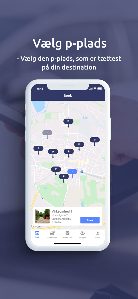 Visitors - Interfaz de mapa de la aplicación Visitantes mostrando lugares de estacionamiento disponibles y un botón de reserva para grupos de estacionamiento privados