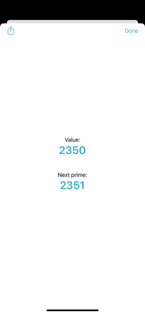 Prefacto app screen displaying the next prime number for a given value