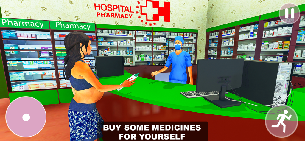 A pregnant character buying medicine at a hospital pharmacy in a virtual simulation game