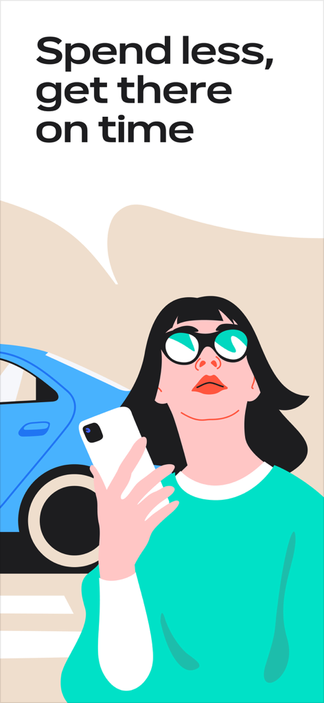 Uber BY — request taxis - Ilustración de una mujer con un smartphone y un taxi azul anunciando viajes asequibles