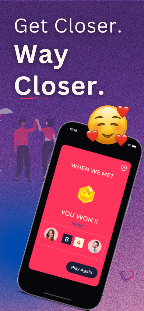 Lovify: Couple Questions Games - スマートフォンに、見出し「Get Closer Way Closer.」の下にLovifyカップル質問ゲームの勝者が表示されている。