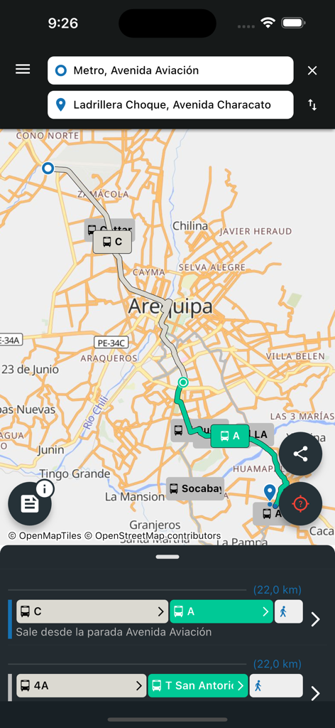 Arequipa Bus - Uma rota de navegação de ônibus em um mapa dentro do aplicativo móvel Arequipa Bus