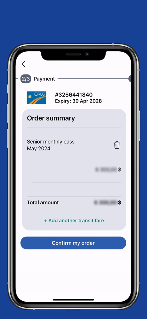 RTC - Recharge OPUS - Pantalla de resumen de pedido de la aplicación RTC Recharge OPUS para un pase mensual para personas mayores