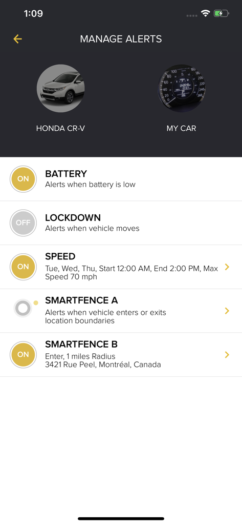 Viper SmartStart app interface for managing vehicle security alerts including battery speed and geofencing settings
