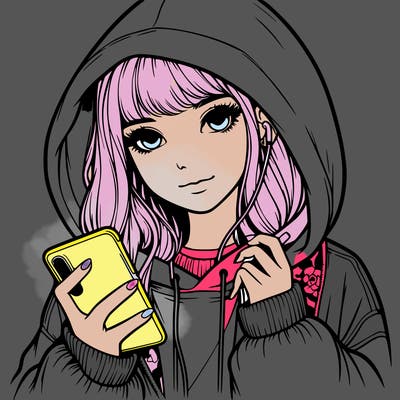 realistic girl with oversized hood and holding a phone
