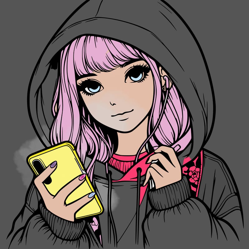 realistic girl with oversized hood and holding a phone