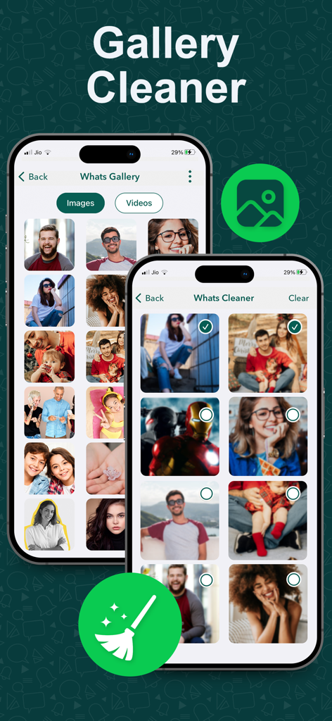 Mobile app interface displaying the Gallery Cleaner tool for managing and deleting media files.