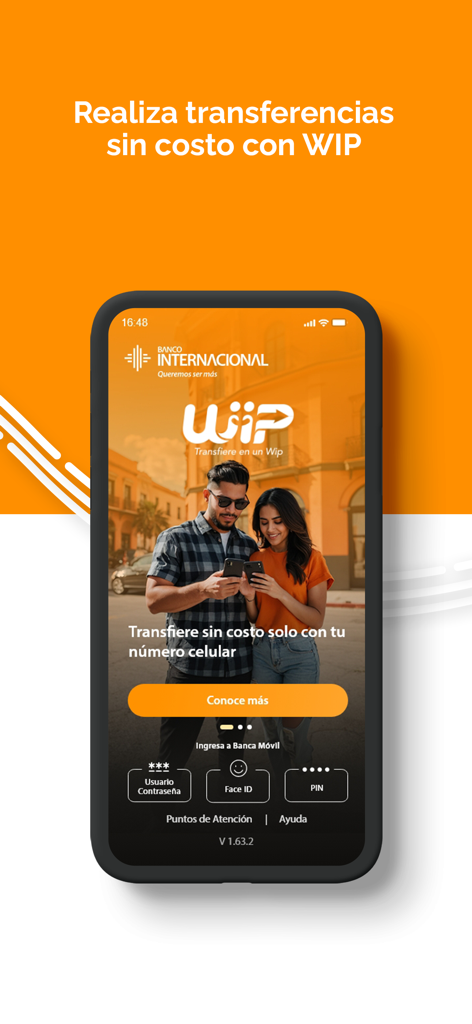 Banca Móvil - Pantalla de la aplicación de banca móvil de Banco Internacional que muestra transferencias de dinero gratuitas con WIP.