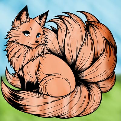 realistic detailed 9 tailed anime fox