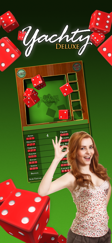 Yachty - Yachty Deluxe dice game promo showing realistic 3D red dice and a smiling woman.