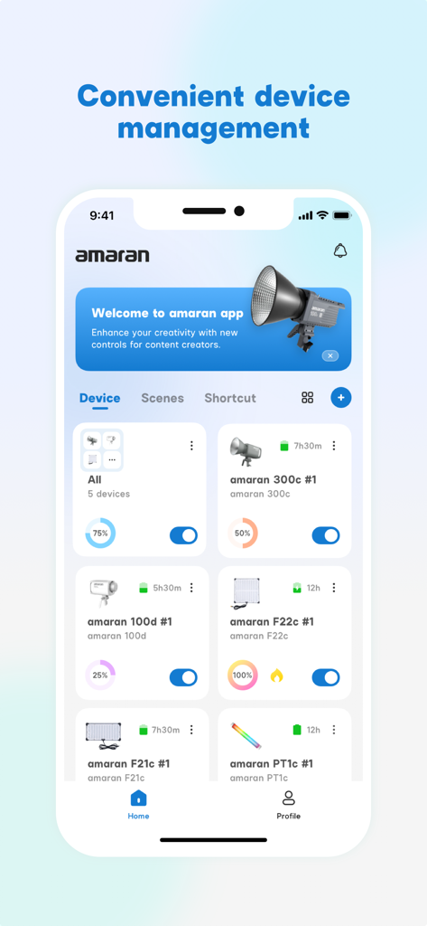 amaran - Dashboard of the amaran lighting app showing a list of connected studio lights with brightness and power controls.