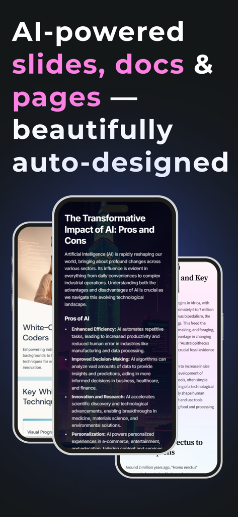 AI Presentation Maker – Slides - AI 기반 모바일 앱 인터페이스로 자동 디자인된 슬라이드 및 문서를 보여줍니다