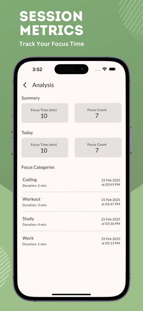 Pomodoro Focus Timer Pro - コーディング、ワークアウト、スタディ、ワークタスクのセッションメトリクスと集中分析を表示する画面