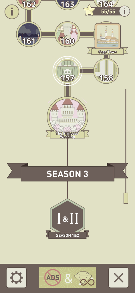 Mapa de selección de niveles para la Temporada 3 de IQ Dungeon que muestra varios niveles numerados y la ubicación de Pueblo Sabio
