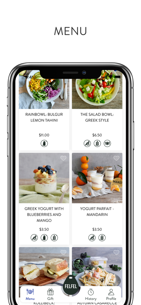 FELFEL mobile app menu displaying healthy food options like grain bowls and yogurt parfaits for office workers