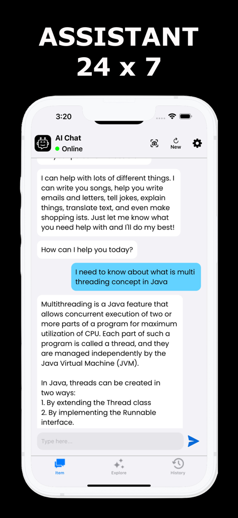 AI Chat Assistant : AIChat - AI Chat Assistant mobile app interface showing a chat conversation about Java programming concepts