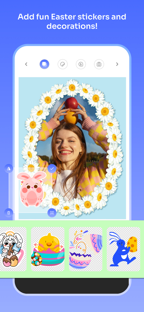 Happy Easter - Photo Frames - A woman smiling inside a white daisy photo frame with a cute pink bunny sticker from the Happy Easter app