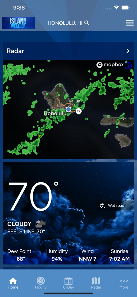 Island Weather - KITV4 - Island Weather KITV4 app showing the Honolulu weather forecast and live radar map of Oahu