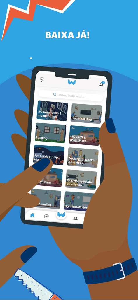 Une personne tenant un smartphone affichant l'écran d'accueil de l'application Work avec des catégories de services comme l'installation de climatisation, l'aide électrique et la peinture.