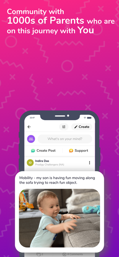 Prodigy Baby App-Community-Oberfläche, die einen Feed von Eltern zeigt, die die Entwicklungsmeilensteine und Fotos ihrer Babys teilen