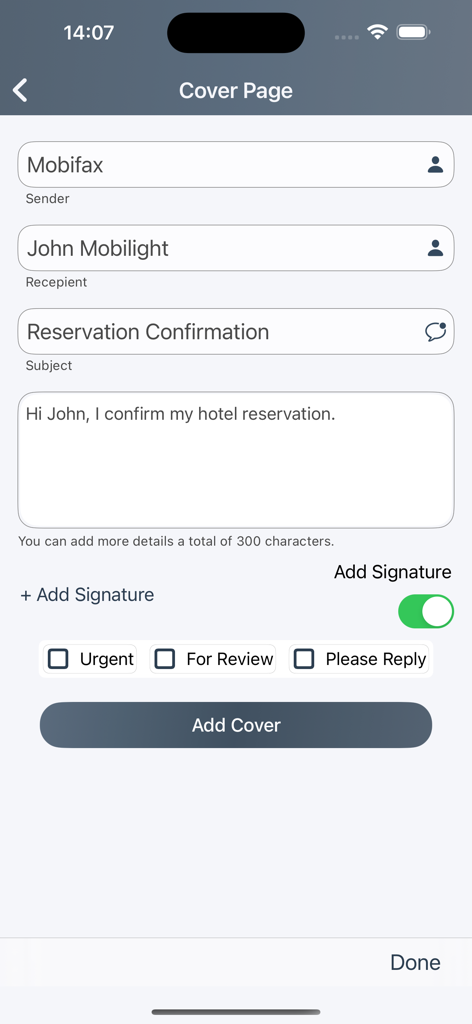 MobiFax - Fax app for iPhone - MobiFax app interface for creating a fax cover page including sender and recipient details and a message