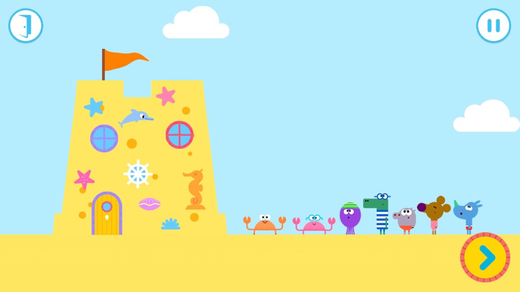 Hey Duggee: Sandcastle Badge - A decorated sandcastle on the beach next to the Squirrel Club characters in the Hey Duggee app